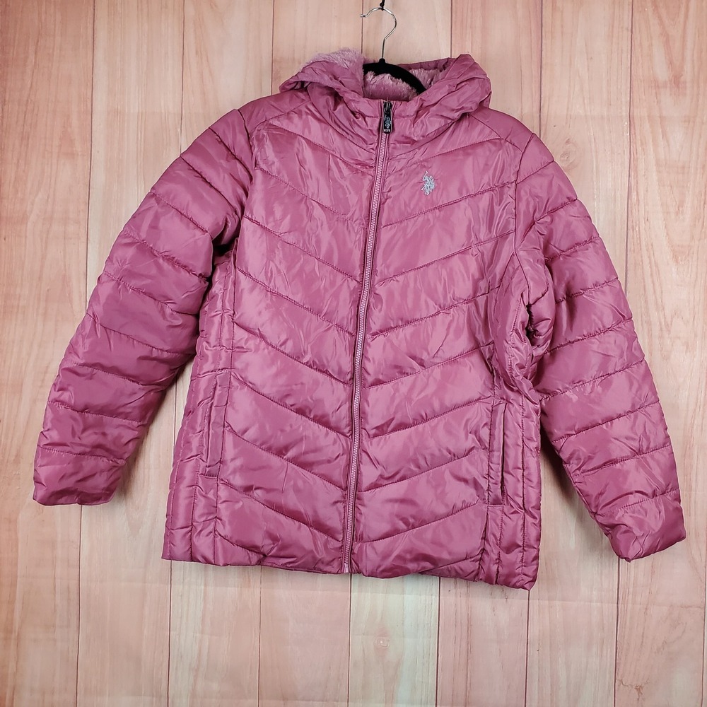 U.S. Polo Assn Womens Puffer Jacket Sz Large Pink 100% Polyester Hooded Full Zip